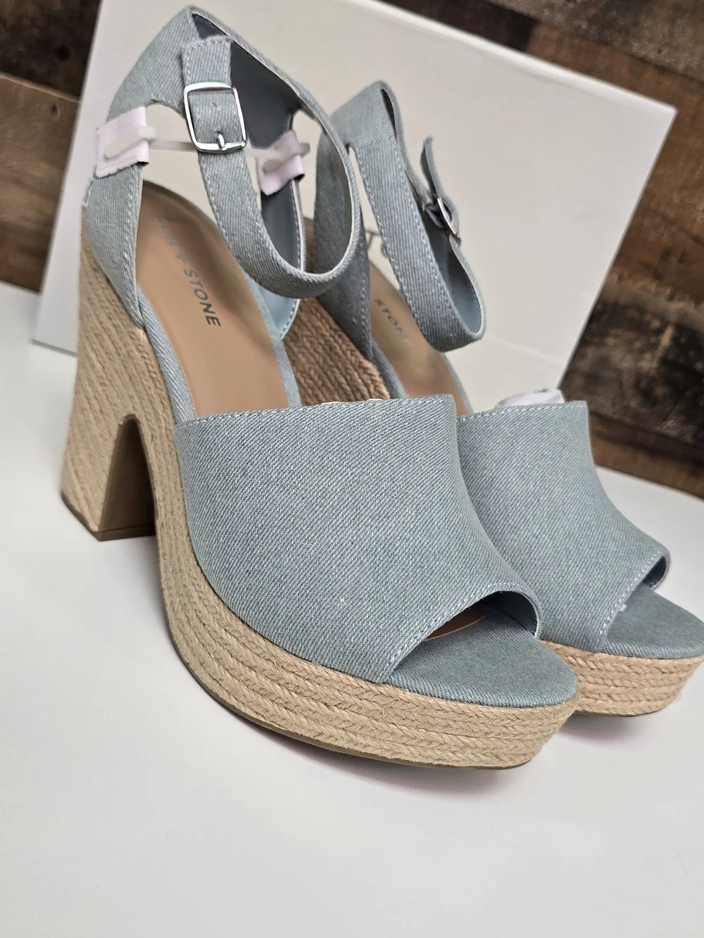 Sun + Stone Light Blue Denim Platform Espadrille Sandals